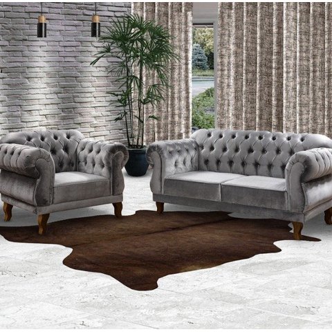 Um Sofá 2 Lugares 1,80cm + Duas Poltronas Chesterfield Elisabeth Veludo Cinza Prata