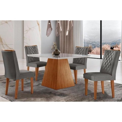 Conjunto: Mesa de Cozinha Luna C/ Tampo Madeirado C/ Vidro Canto Curvo 90x90cm e 4 Cadeiras Jade