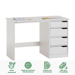 Escrivaninha Madeira 4 Gavetas Desenho Emma Branco Idimex - 2
