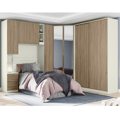 Quarto Modulado Completo Solteiro 5 Peças 9 Gavetas 9 Portas Predileto Marrom/Areia HP/Jequitibá