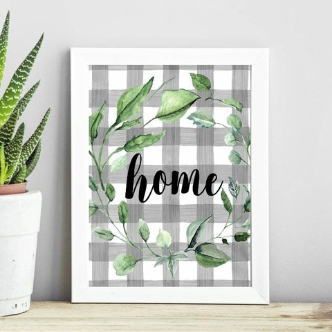 Quadro Home - Cinza com Folhas 24x18cm:madeira Branca