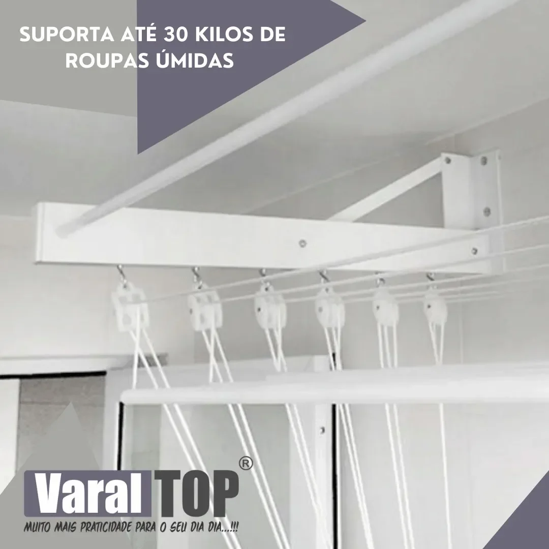 Varal De Parede Individual 120cm x 12 Varetas - Em Alumínio Branco - 5