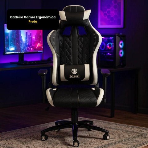 Cadeira Gamer Ergonômica com Revestimento em Couro Sintético Ajuste de Altura Preta