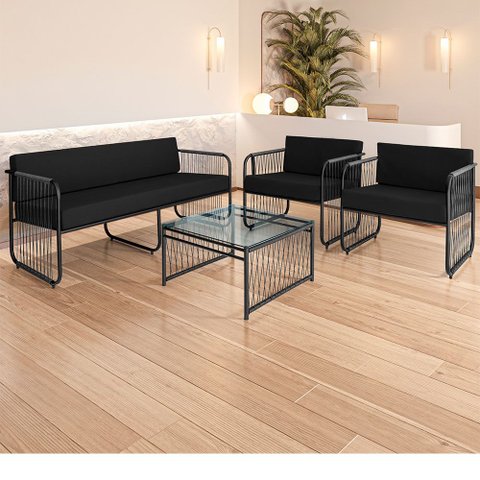 Conjunto 2 Poltronas 1 Namoradeira e 1 Mesa de Centro Córdova em Aço Carbono e Fibra Sintética Acess
