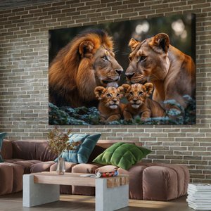 Quadro Decorativo Familia Leao Leoa Dois Filhotes Nas Folhas Sala Quarto Casa Escritório