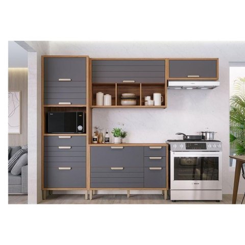 Kit Cozinha Modulada 4 Peças Eloise 2 Aéreos + 1 Balcão + 1 Torre Quente C4p181 Freijó Titanium