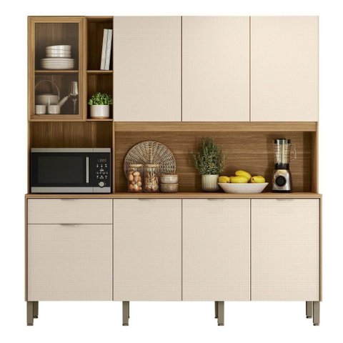Armário de Cozinha Compacta 8 Portas 4 Nichos Namastê Madeirado/off White