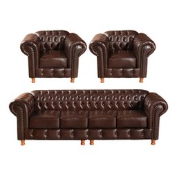 Conjunto Sofá 4 Lugares E 2 Poltronas Luis Xv Capitonê Chesterfield - Couríssimo Marrom Café - 1