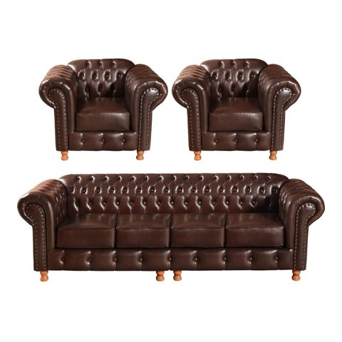 Conjunto Sofá 4 Lugares E 2 Poltronas Luis Xv Capitonê Chesterfield - Couríssimo Marrom Café