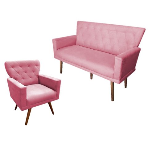 Kit Namoradeira + 1 Poltrona Decorativa Aurora Suede Rosa Pés Madeira Ms Decor
