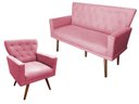 Ver imagem 1 de Kit Namoradeira + 1 Poltrona Decorativa Aurora Suede Rosa Pés Madeira Ms Decor
