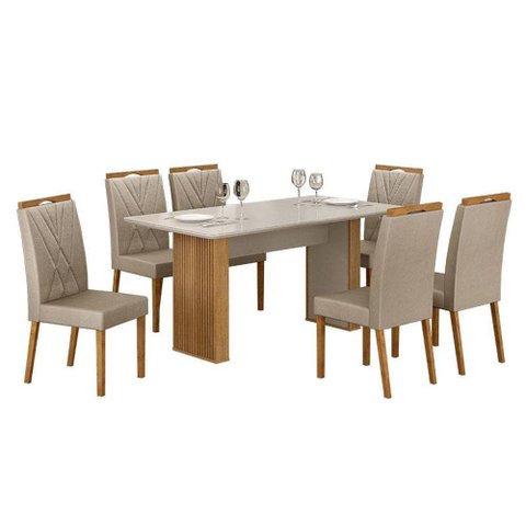 Mesa de Jantar Júlia 160x80cm Cinamomo Off White com 6 Cadeiras Lara Veludo Bege - Valdemóveis