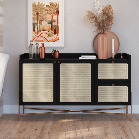 Balcão Buffet 2 Portas 2 Gavetas 139cm Palhinha Pé Metal Oslo Artesano | Hanover/dourado