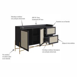 Balcão Buffet 2 Portas 2 Gavetas 139cm Palhinha Pé Metal Oslo Artesano | Hanover/dourado - 8
