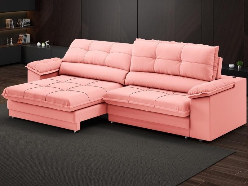 Sofá com Carregador USB Retrátil Reclinável Montreal 2,50m Velosuede Rose - NETSOFAS