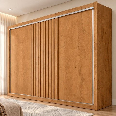 Guarda Roupa Casal 3 Portas de Correr com 6 Gavetas e Detalhe Ripado 100% MDF Vitória