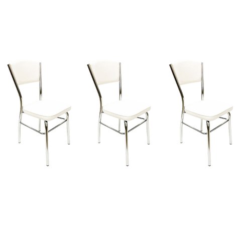 Cadeira Cozinha Reforço Cromada Assento Grosso Confortável Encosto Estofado Cor Branco Kit 3 Peç