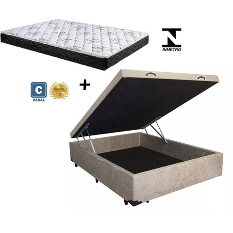 Cama Box Baú Casal Conforto Suede Bege + Colchão Casal Conforto Espuma D33 17x138x188