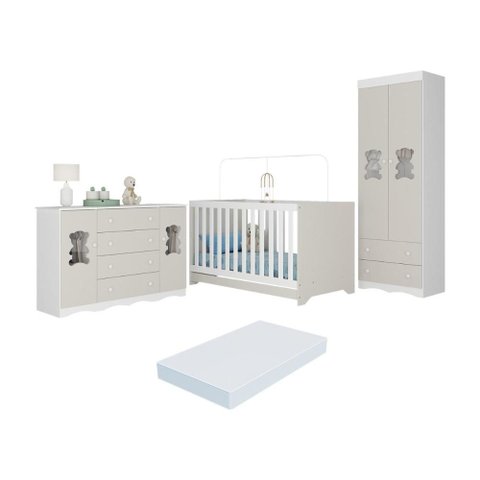 Quarto de Bebê Completo C/ Berço Americano 3 em 1 Colchão Doçura Multimóveis Mp4674 Branco/off
