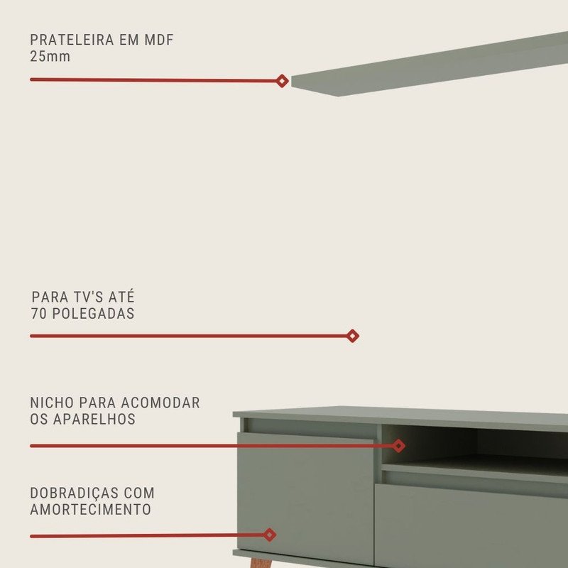Rack para Tv com Prateleira 180cm Retro Mdf Verde Dallas - On Móveis - 4