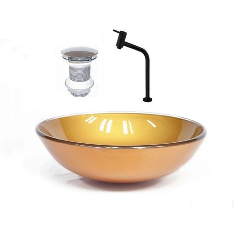 Cuba de Vidro 35cm Dourado Real + Valvula + Torneira Preta