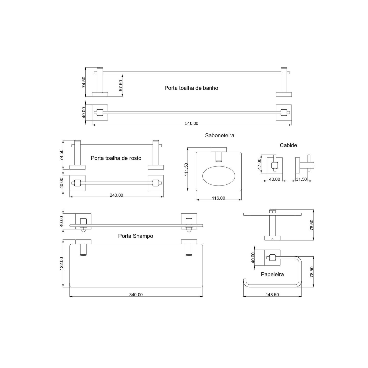 Kit de Acessórios para Banheiro 6 Peças Inox Square SQ12500 Ducon Metais - 2
