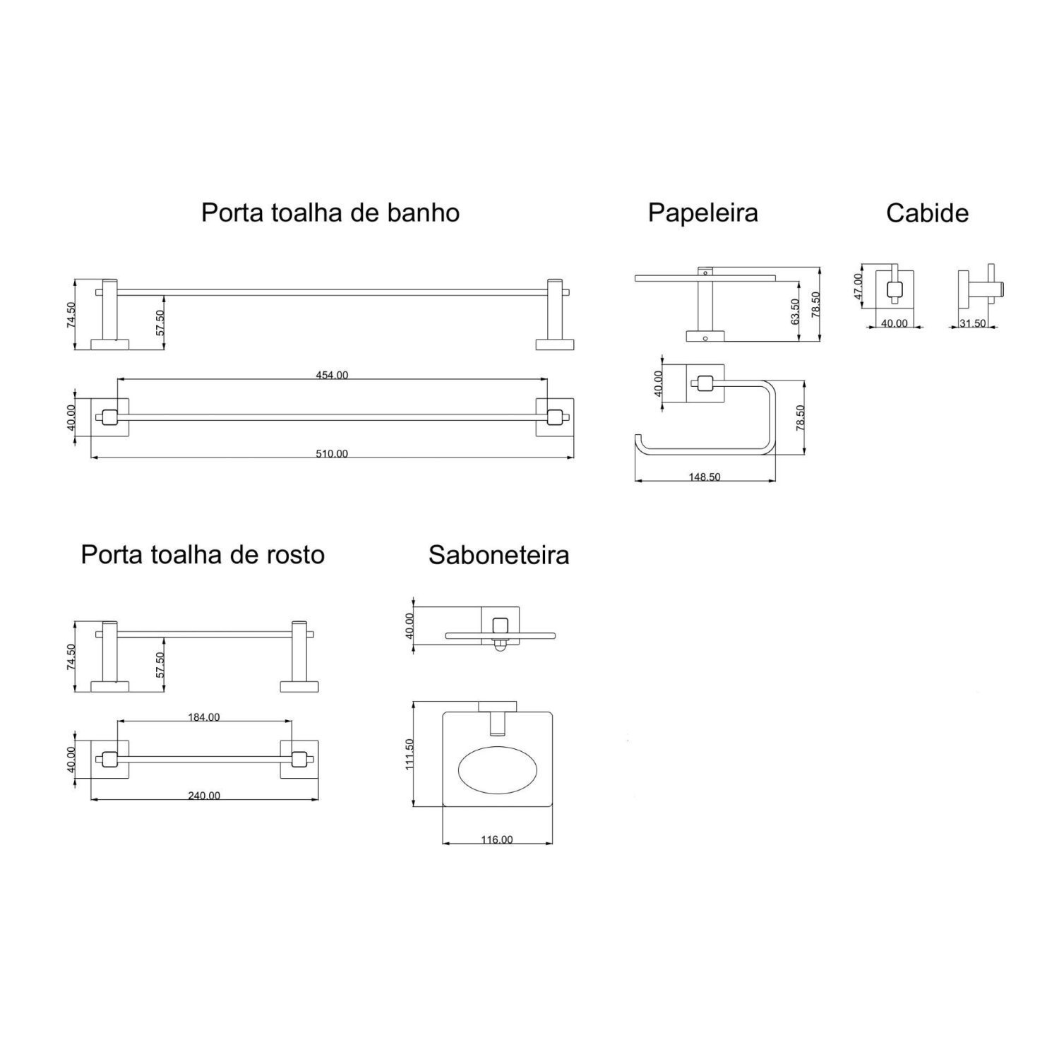 Kit de Acessórios para Banheiro 5 Peças Inox Square SQ12509 Ducon Metais - 2