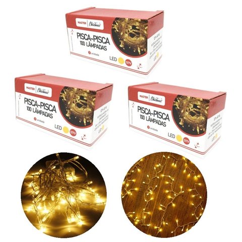 Kit 3 Pisca Pisca 100 Lâmpadas Led Branco Quente 8 Funções 127v Total 300 Lâmpadas - Master Christma