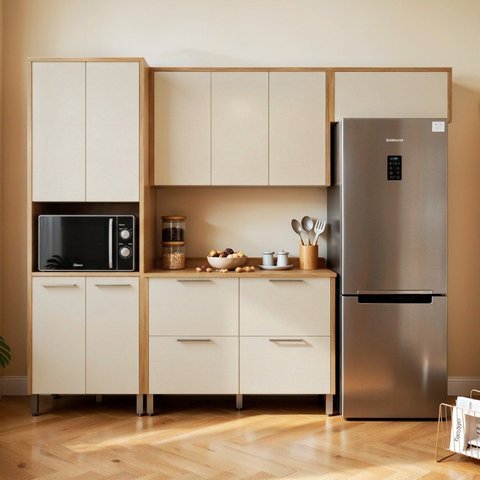 Cozinha Completa Modulada 4 Peças 8 Portas 4 Gavetas 100% MDF Nobre Bege/Cinamomo/Off White