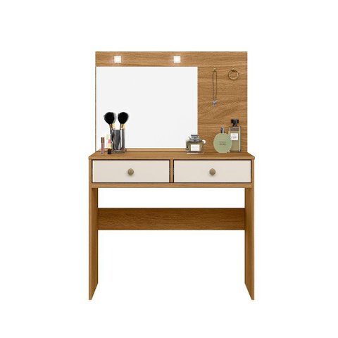 Penteadeira Camarim Ideal Painel com Espelho 2 Gavetas Iluminação LED Freijó Off White Moval