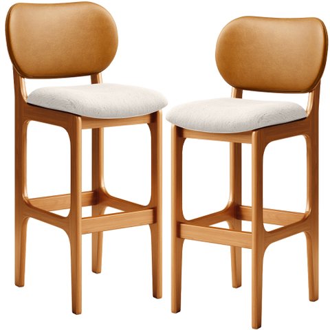 Kit 2 Banquetas Alta Bar Cozinha Jantar Betta L02 Imbuia Couríssimo Whisky Linho Cru - Lyam Decor