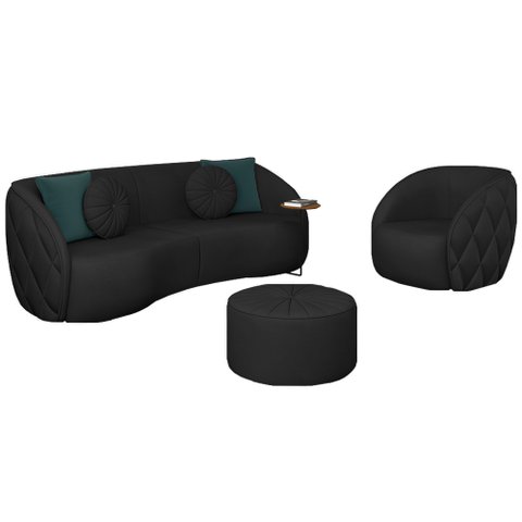 Conjunto Decorativo Sofá 240cm e Poltrona Clarke com Puff Round PU Preto - Gran Belo