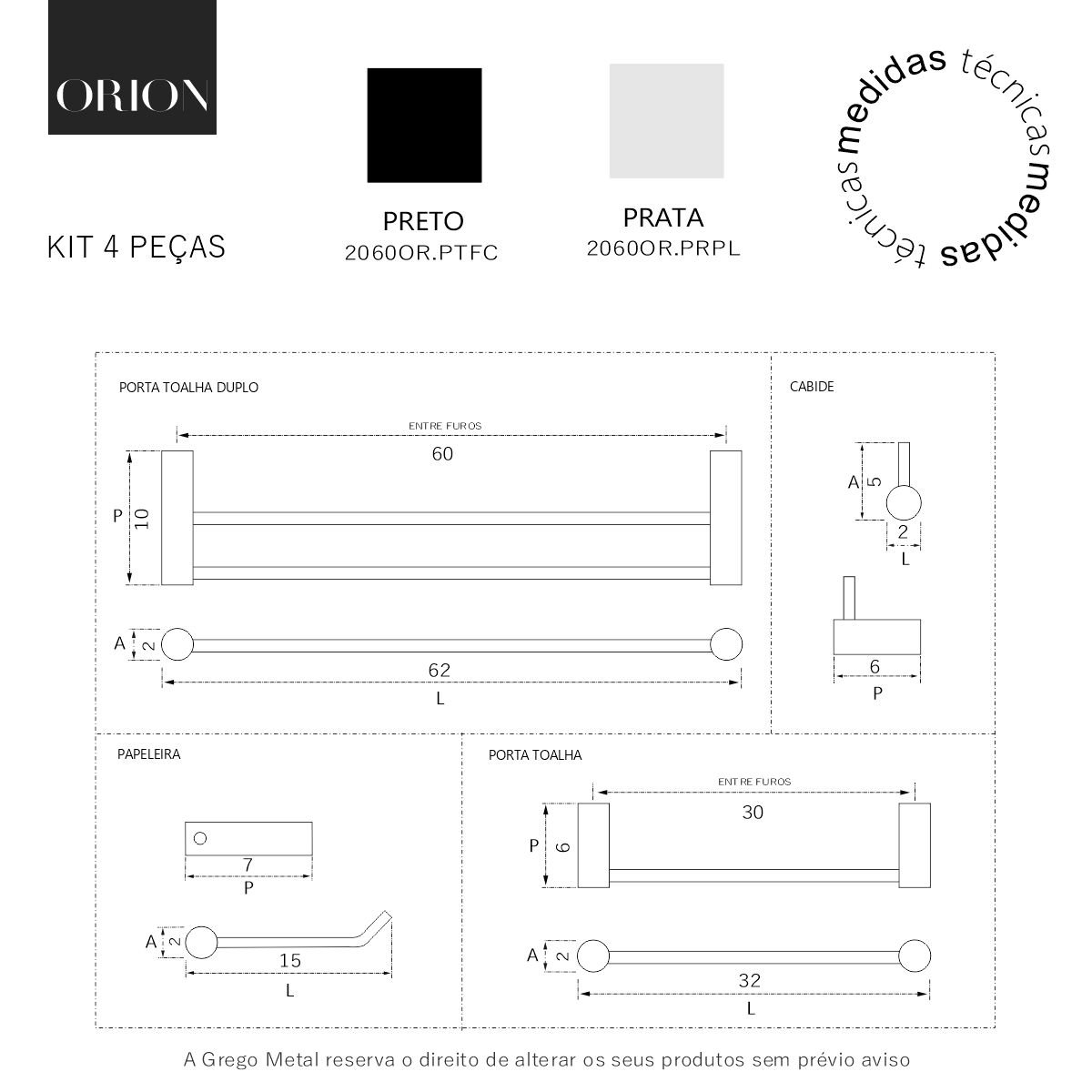 Kit Duplo de Acessórios para Banheiro Orion 4 Peças Prata 2060or - 5