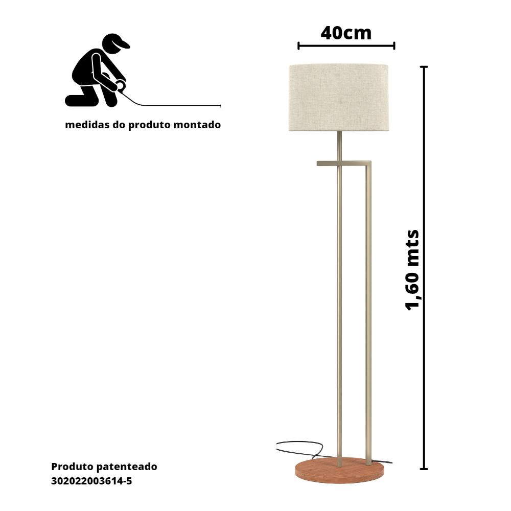 Luminária de Piso Chão Pedestal Base Aço Pé Mdf Laminado Cor da Cúpula Palha - 4