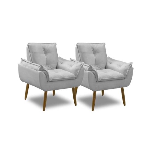 Kit 2 Poltronas para Sala Decorativa Opala Pés Madeira Suede Cinza Claro Império Decor