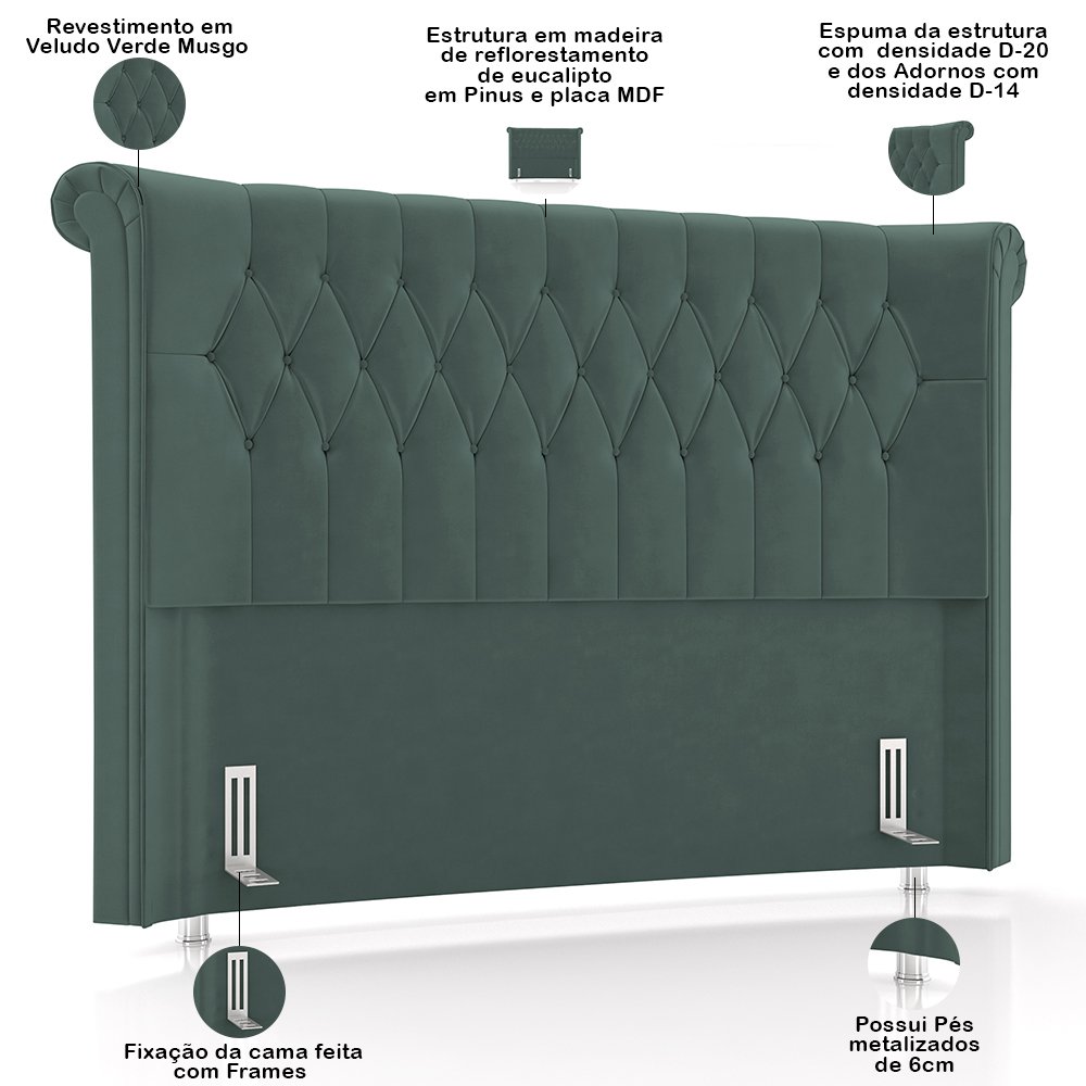 Cabeceira Cama Box Queen 160cm Estofada Meora P05 Veludo Verde Musgo - Lyam Decor - 4