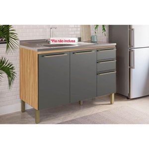 Gabinete de Cozinha Modulado Balcão P/ Pia Nápoli Prime 3 Portas e 2 Gavetas S/tampo 120cm Amendoa