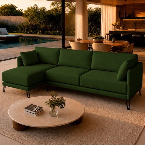 Sofá Sala de Estar Atena Chaise Esquerdo Pés de Ferro 374cm 6 Lugares Linho Verde M1 - Monari Design