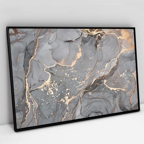 Quadro Decorativo em Canvas Abstrato Mármore Cinza Perolado TaColado Moldura Flutuante 4,5cm Preta 6