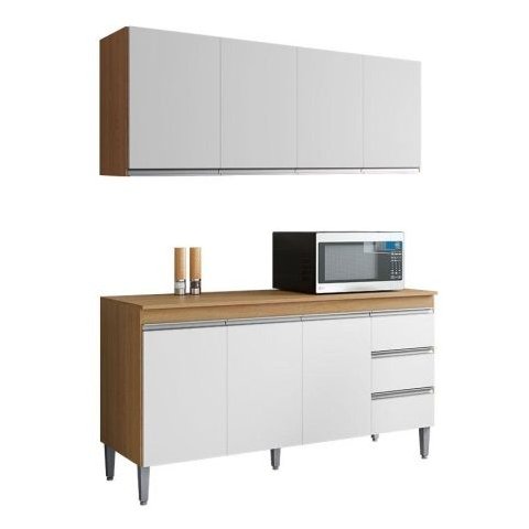 Armário Aéreo e Balcão + Tampo Andréia 150cm Amêndoa/Branco - AJL Móveis