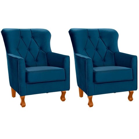 Kit 2 Poltronas para Sala Decorativas c/ Capitonê Carrara Veludo Azul Marinho