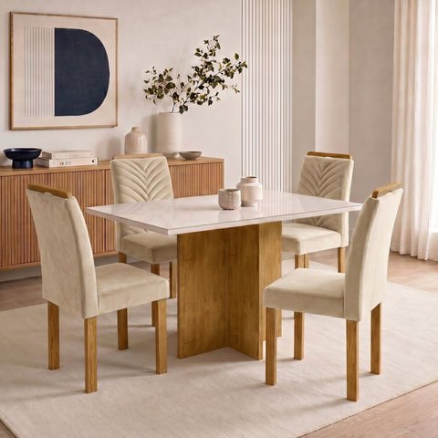 Conjunto Sala de Jantar 4 Lugares Retangular Tampo Vidro MDF 120x80cm Mesa e Cadeiras Carol