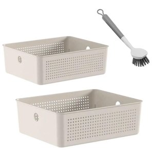 Kit Caixas Organizadoras 5,4l e 12l e Escova de Limpeza Multiuso Flow Bege ou