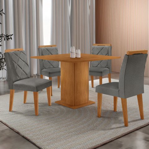 Mesa de Jantar Loren 90cm Tampo Mdf Canto Reto e 4 Cadeiras Melissa Moderna Mobília