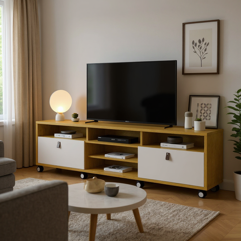 Rack Tv Gênova 65 Polegadas 2 Gavetas 8 Rodízios Cromados:naturale/off White