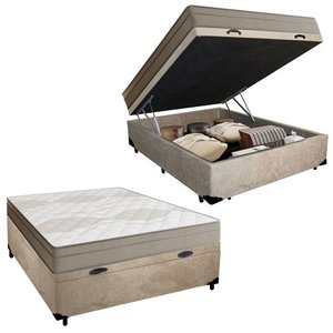 Cama Box Baú Casal Suede + Colchão de Molas Ensacadas Portobel Ipanema -  138x188x66cm Cor:bege
