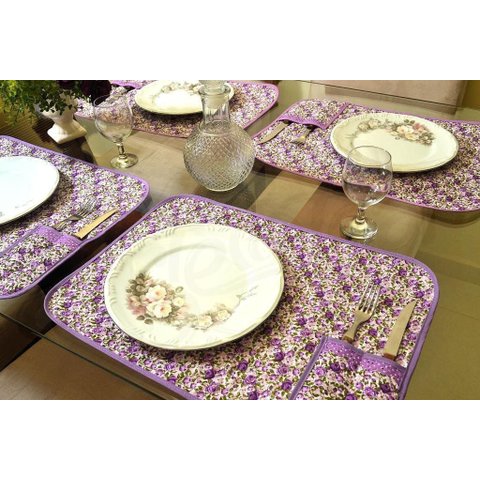 Jogo Americano Matelado com 6 Peças - Flores em Lilás Arte & Tear