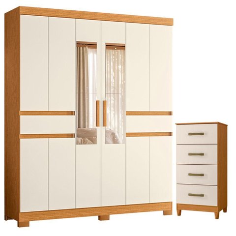 Guarda Roupa Casal Olimpia 10 Portas com Espelho e Cômoda Mobi Cinamomo Off White - Móveis
