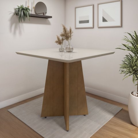 Mesa de Jantar 4 Lugares Quadrada Tampo Vidro/MDF Jade Marrom/Cinamomo/Off White
