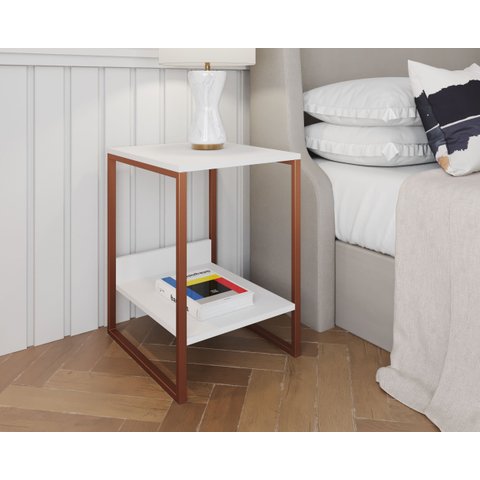 Mesa Cabeceira Industrial Tókio Base Ferro Cobre Tampo Branco